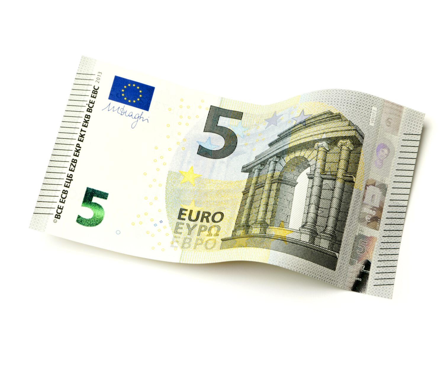 New 5 Euro bill issued in 2013 isolated on white background