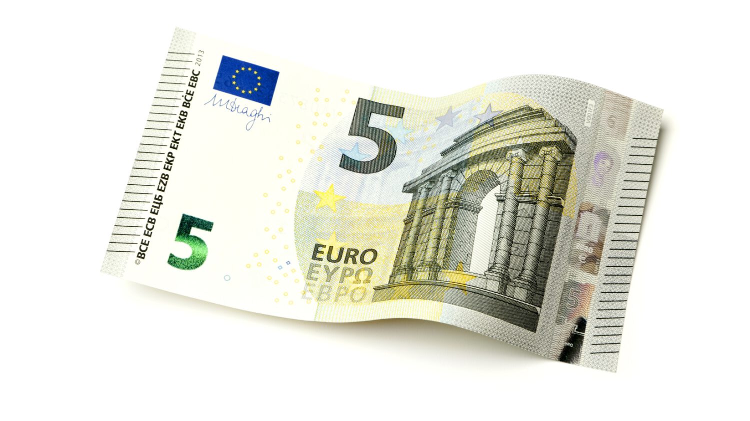 New 5 Euro bill issued in 2013 isolated on white background